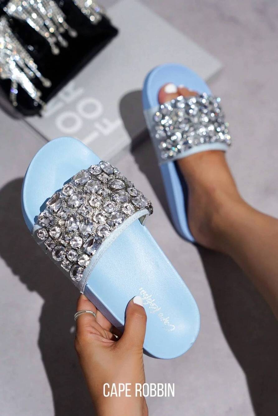 NEW CAPE ROBBIN women's flat studded rhinestone sandal slides in blue